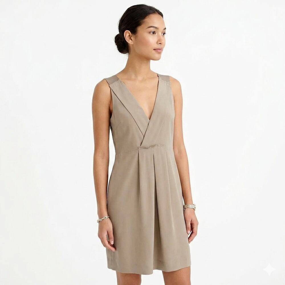 J. Crew Aveline Silk Pleated Mini Dress 10 NWT Cocktail V-Neck Washed Crepe Tan
